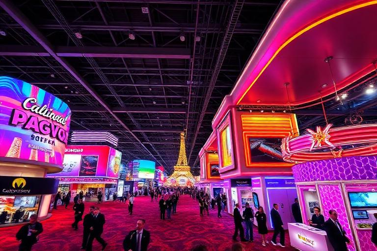 Las Vegas convention center exhibition hall with stunning large trade show booths and neon lighting