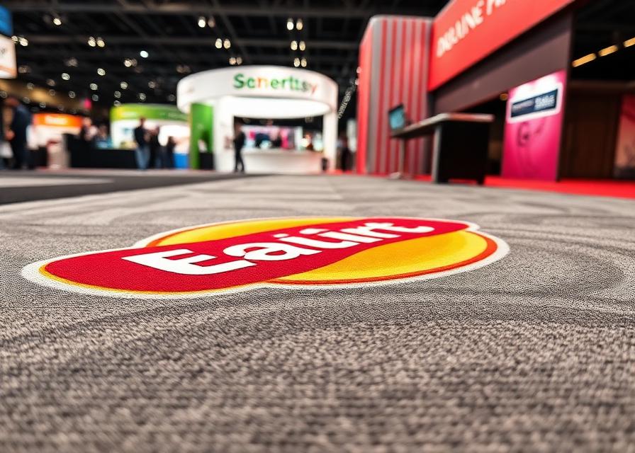 Custom printed carpet with branded logo on trade show booth floor