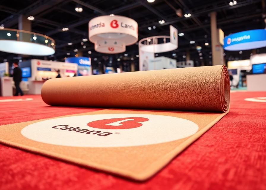 Custom printed carpet being installed at trade show exhibition