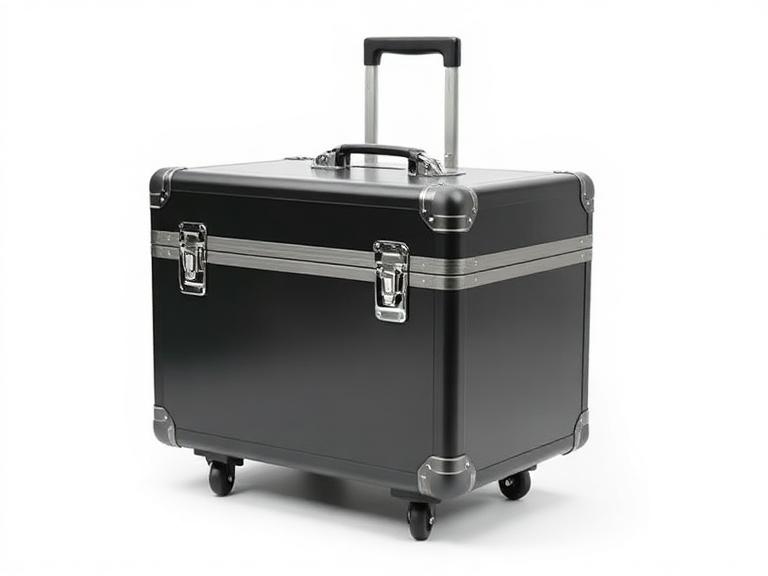 Portable trade show display case with wheels and handle