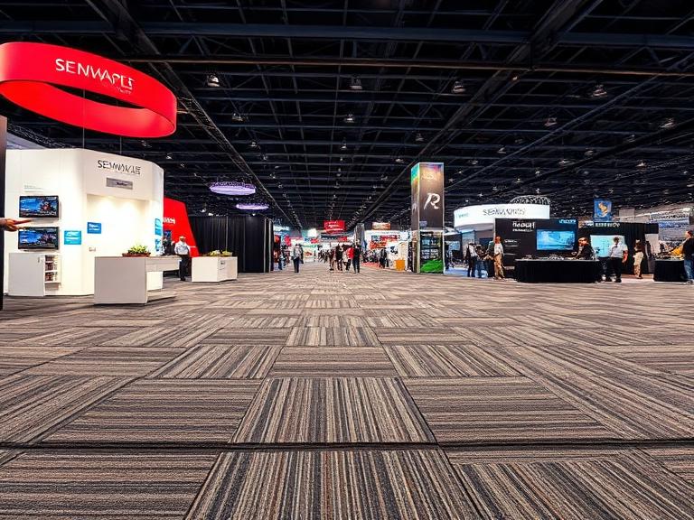 Interlocking trade show display flooring tiles in booth
