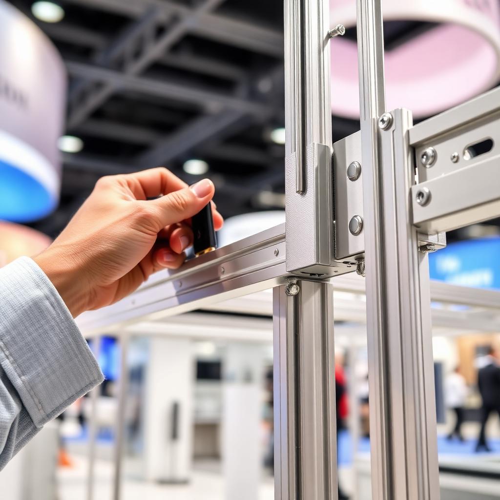 Tool-free assembly of a 40mm anodized aluminum trade show display frame in black
