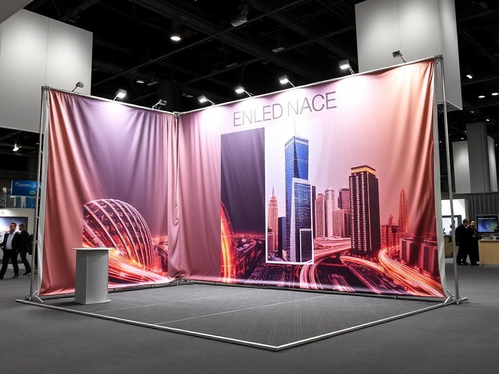 Hop up display fully expanded with branded fabric graphics at trade show booth