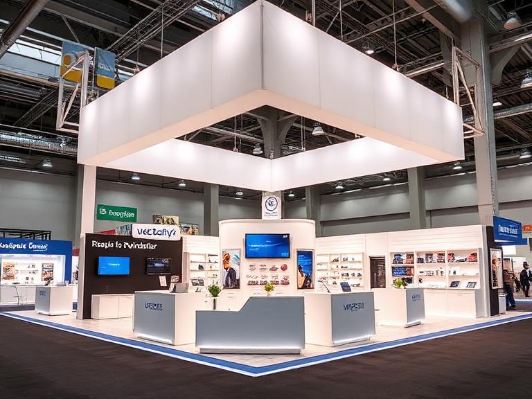 Island trade show display with hanging sign and counters
