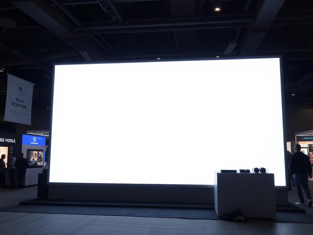 Large LED light box display glowing at trade show booth in dark exhibition hall