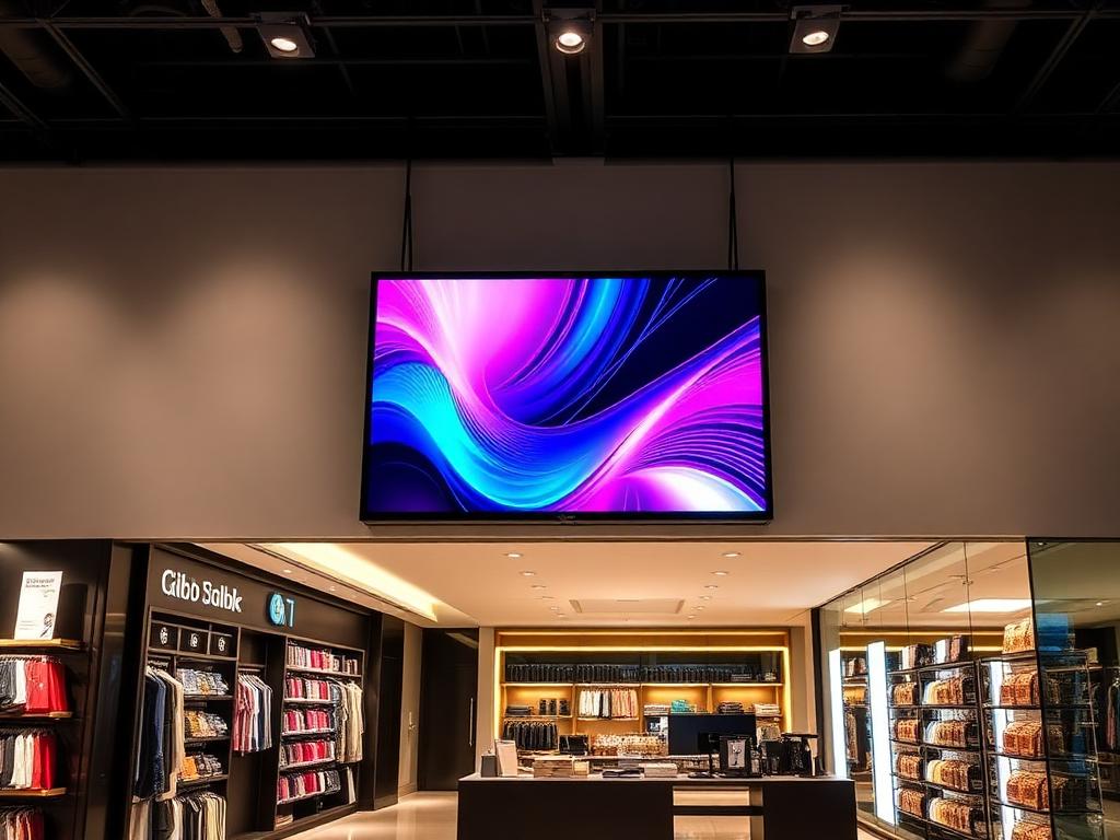 Wall-mounted LED light box display in modern retail store lobby