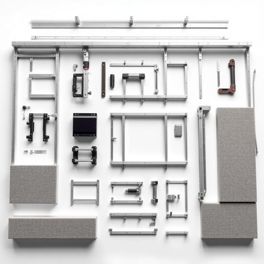 Modular exhibition stand components laid out before assembly
