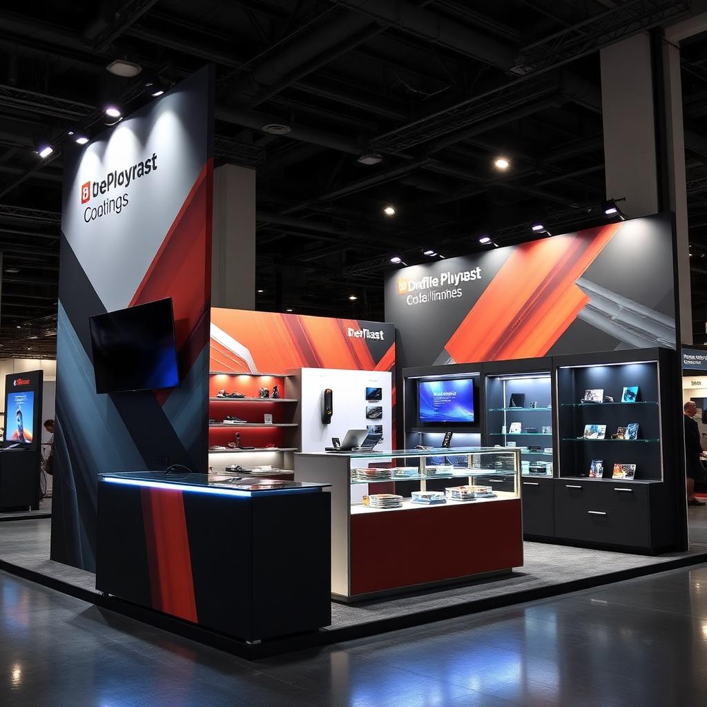 Trade show booth with monitor mount, LED lighting, and product shelving