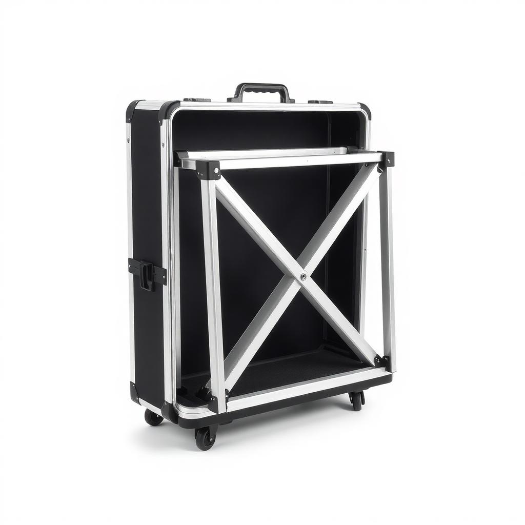 Portable trade show display collapsed into wheeled carrying case