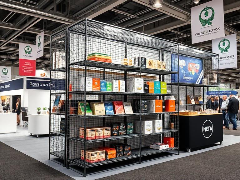 Metal grid trade show display shelving unit