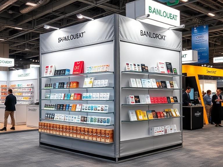 Portable trade show display shelves at exhibition booth