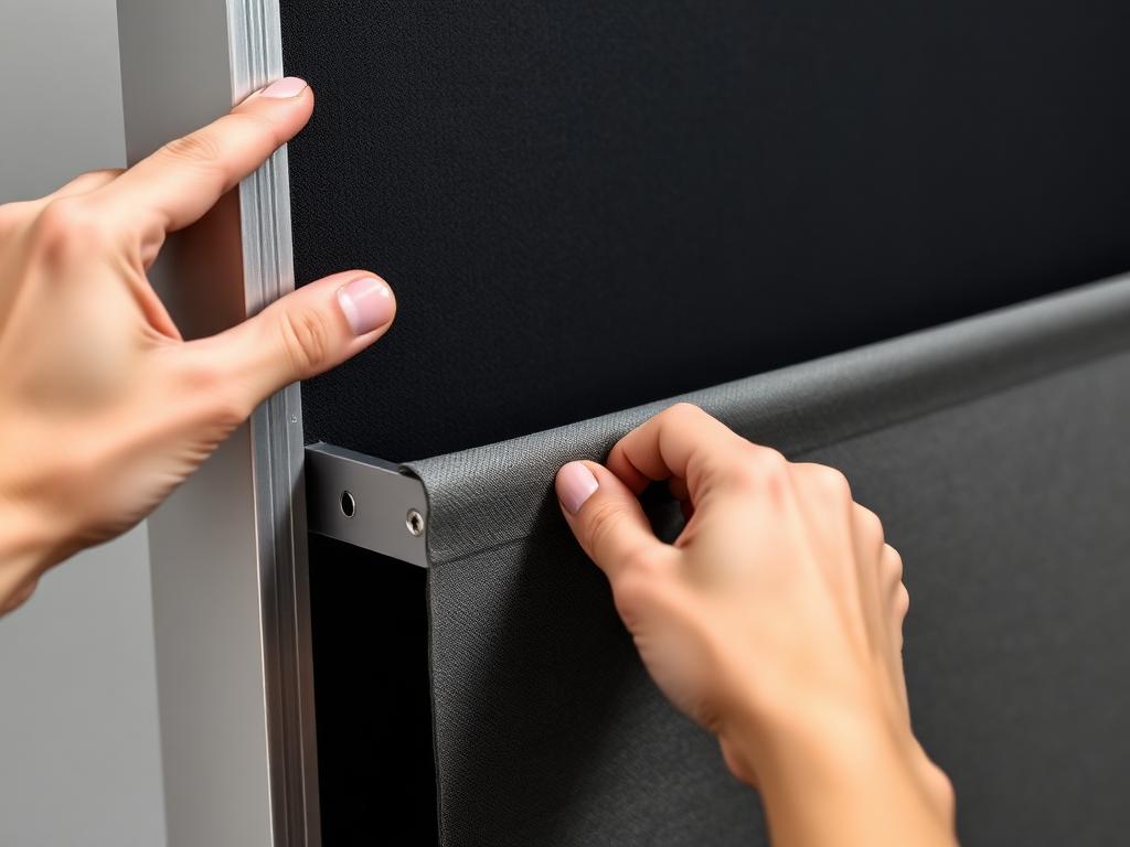 Hands pushing fabric into Tradewind display aluminum frame channel