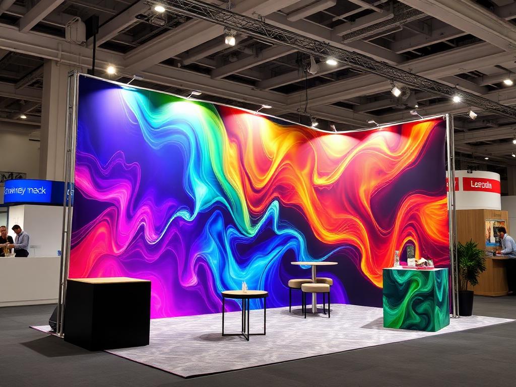 Tradewind fabric display with vibrant dye sublimation graphics at trade show