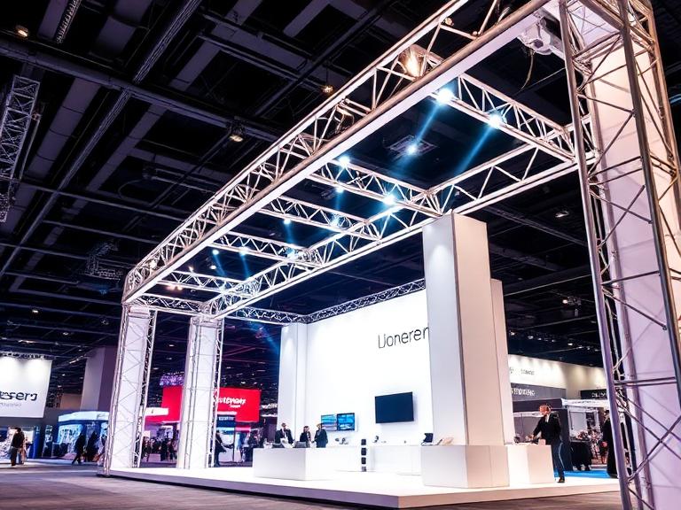 Curved truss arch trade show display with lighting