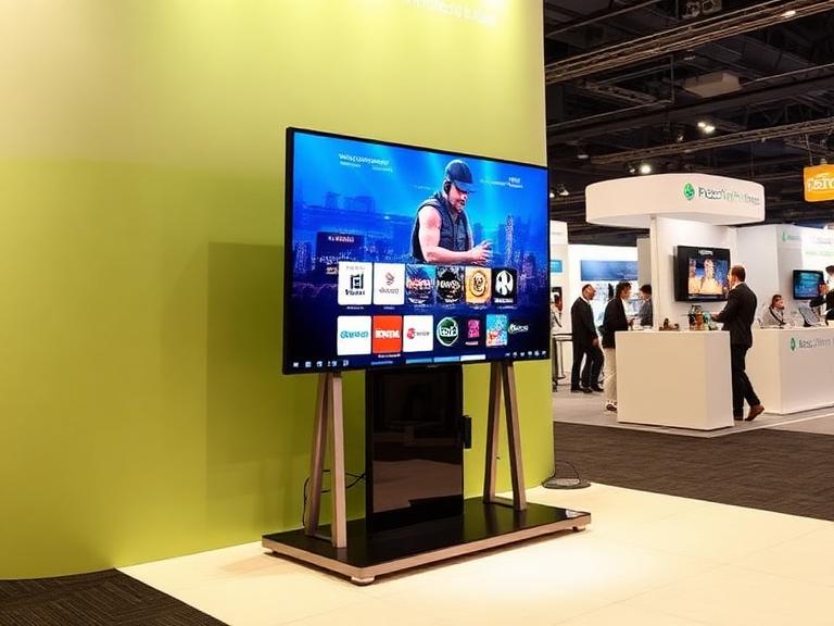Freestanding trade show TV display stand with large screen