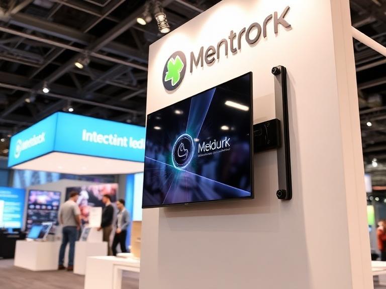 Integrated monitor mount on trade show display wall