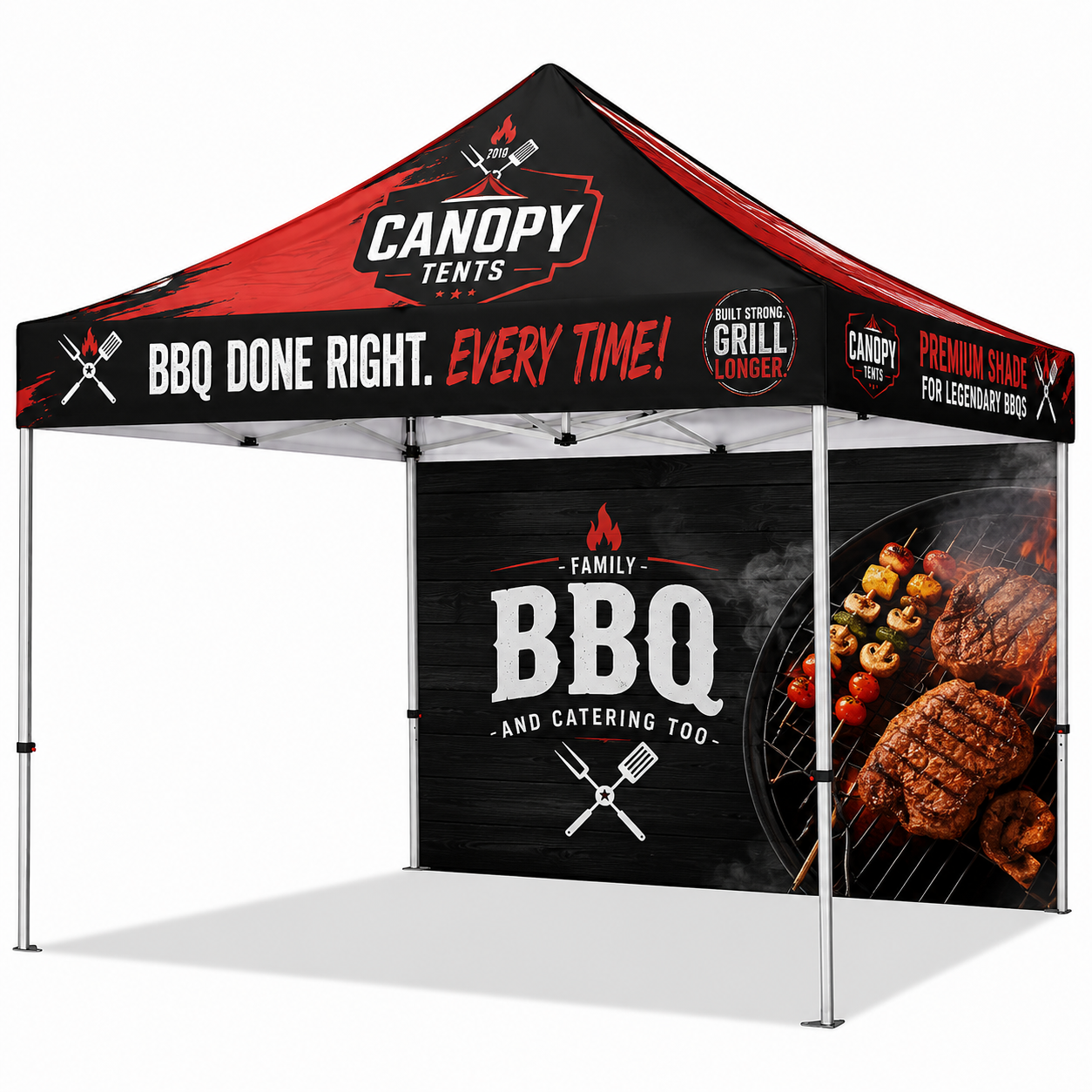 10x10 branded custom canopy tent with printed backwall at an outdoor event