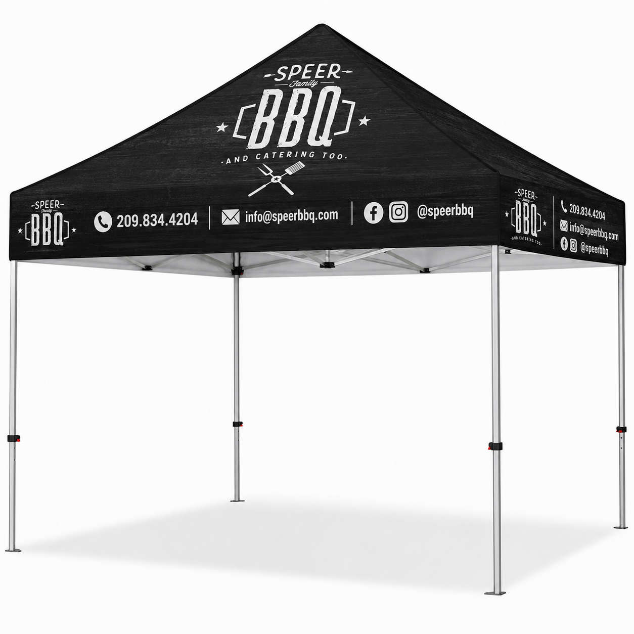 Black and white branded canopy tent package ready for event setup