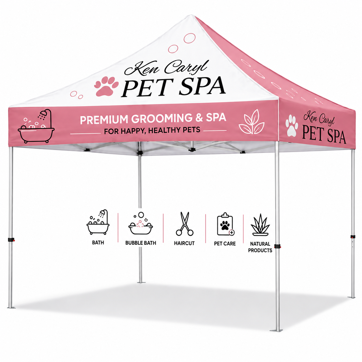 Pink branded custom canopy tent with full-color dye sublimation printing