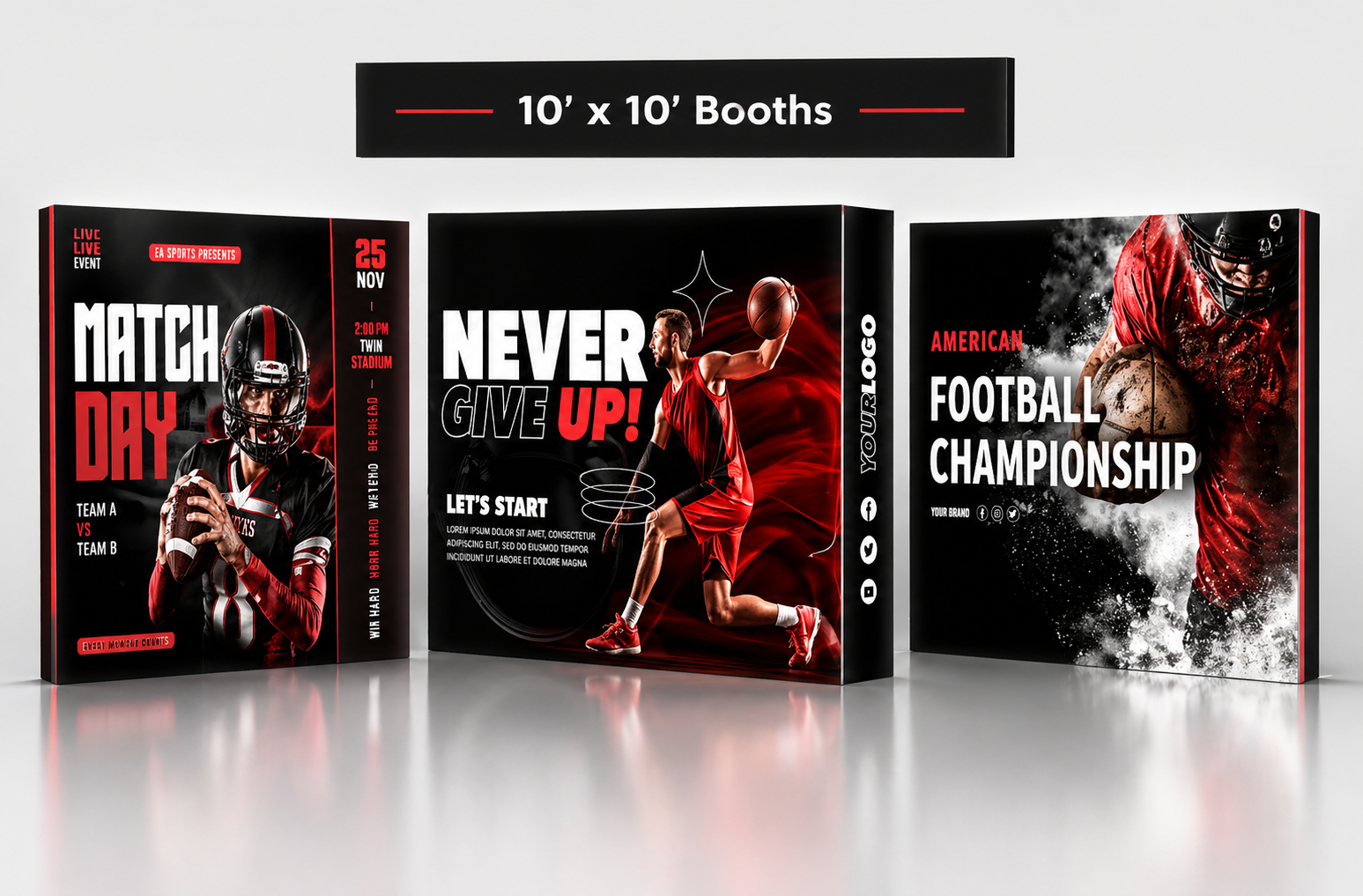Tension fabric trade show displays with curved and straight tube hardware by ExhibitBossPro