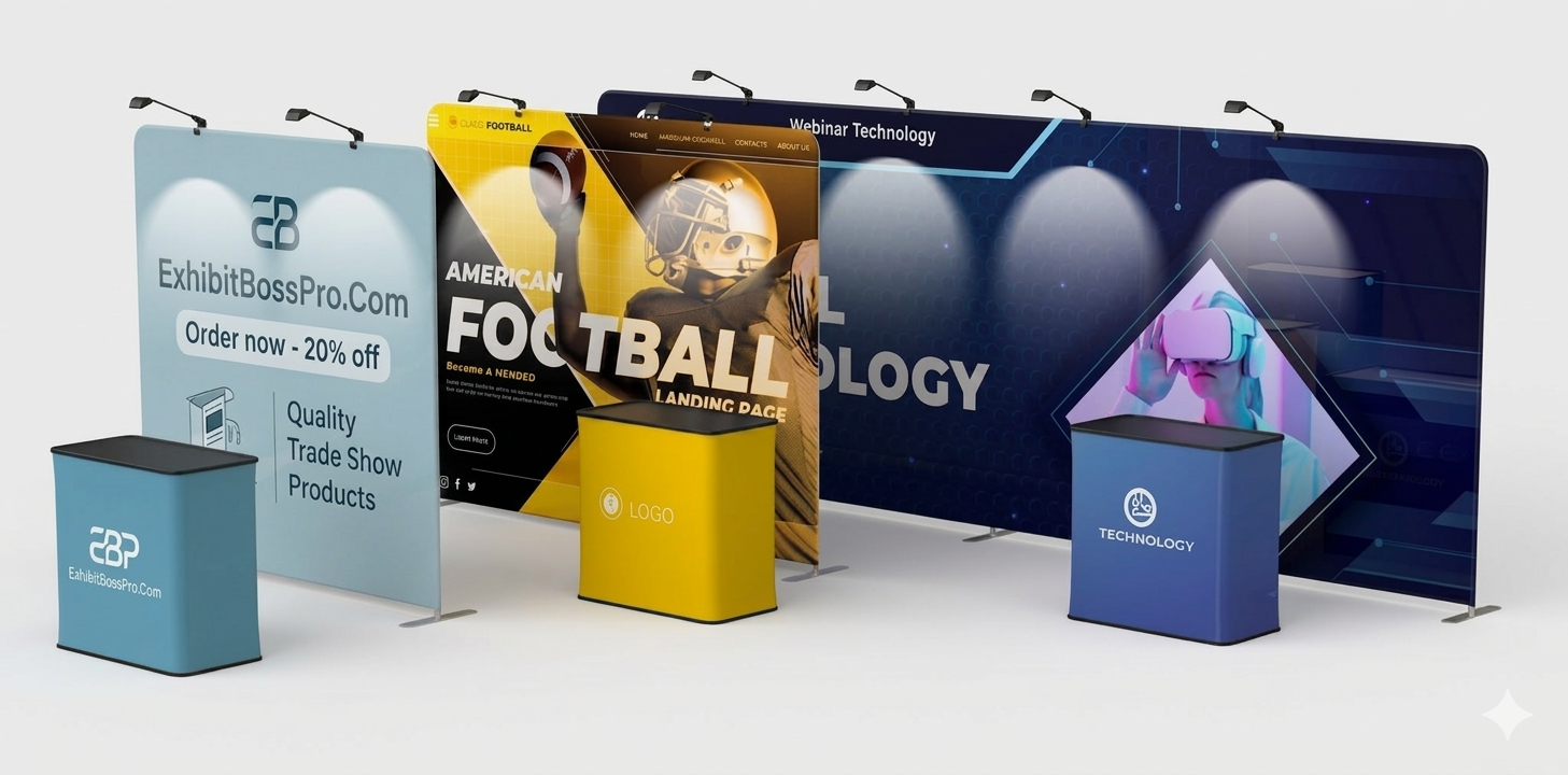 Trade show displays by ExhibitBossPro — portable pop-up displays, tension fabric backdrops, and backlit booth systems with branded counters for exhibitions and conventions