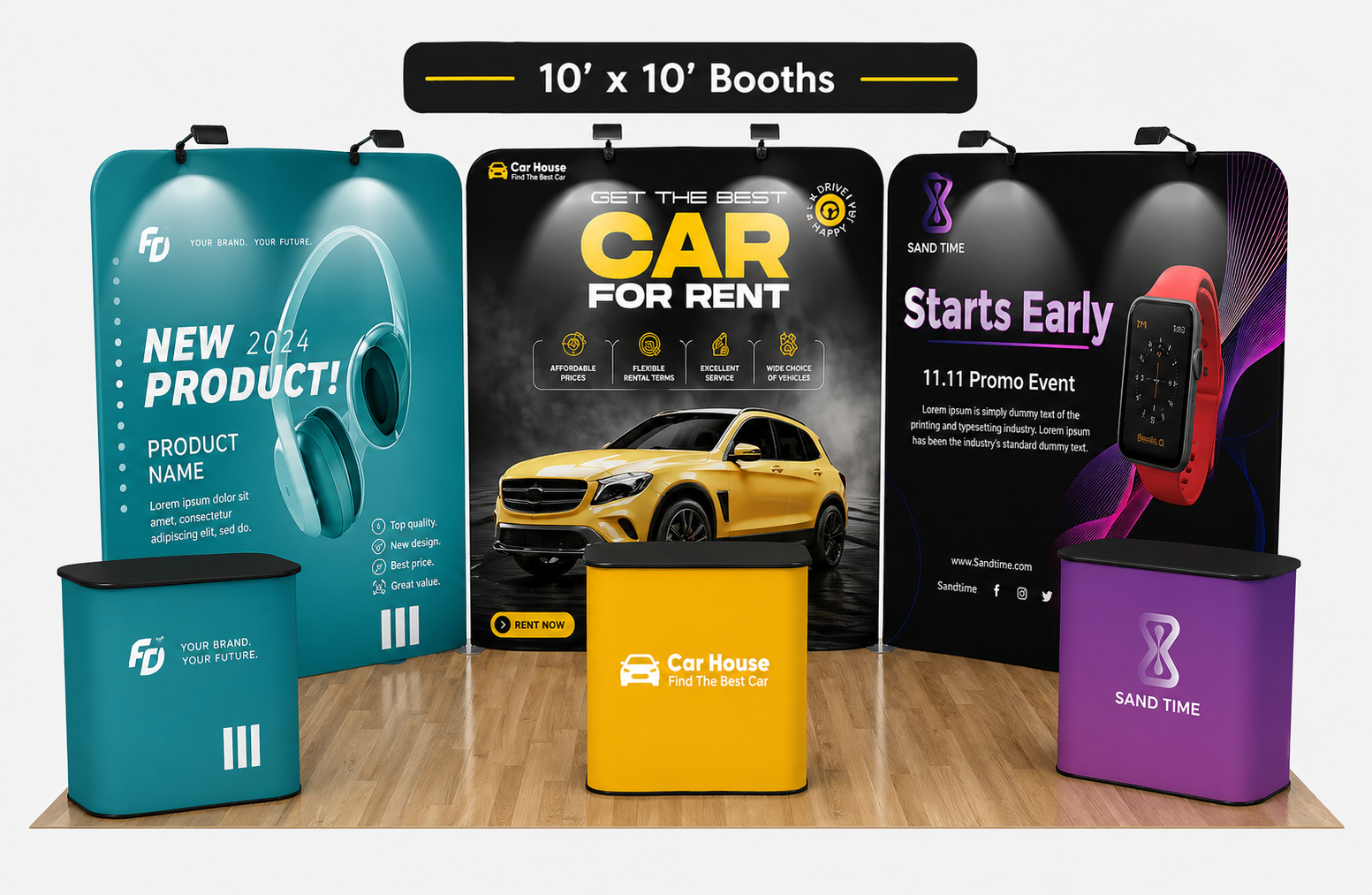 Velcro fabric pop up trade show displays in curved and straight configurations